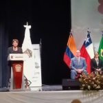 La Gobernadora del Estado de México, Delfina Gómez Álvarez, durante su mensaje y declaratoria de inauguración del 8° Congreso Internacional de Seguridad y Proximidad Social.